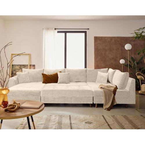 Rune - Canapé Panoramique D'angle Droit 7 Places En Velours Texturé Beige