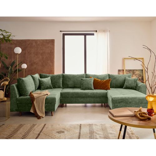 Rune - Canapé Panoramique D'angle Gauche 7 Places En Velours Texturé Vert Sauge