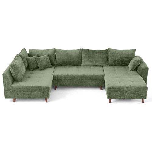 Rune - Canapé Panoramique D'angle Gauche 7 Places En Velours Texturé Vert Sauge