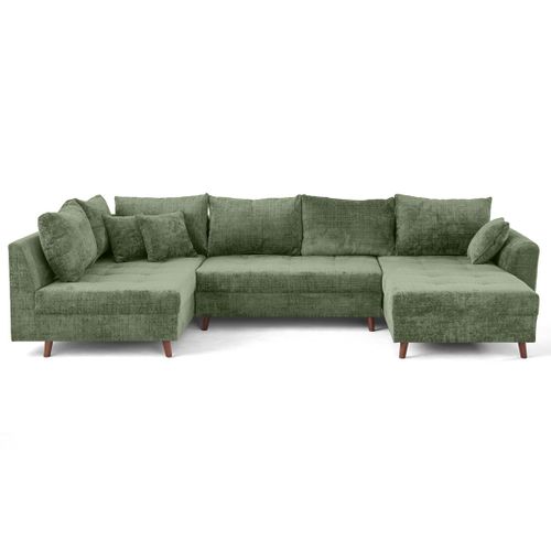 Rune - Canapé Panoramique D'angle Gauche 7 Places En Velours Texturé Vert Sauge