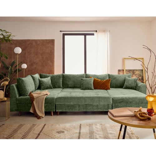 Rune - Canapé Panoramique D'angle Gauche 7 Places En Velours Texturé Vert Sauge