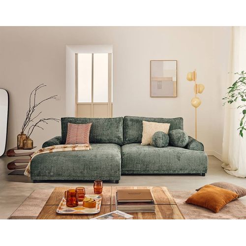 Canapé Angle Gauche Convertible 4 Places Nelly En Velours Texturé Vert