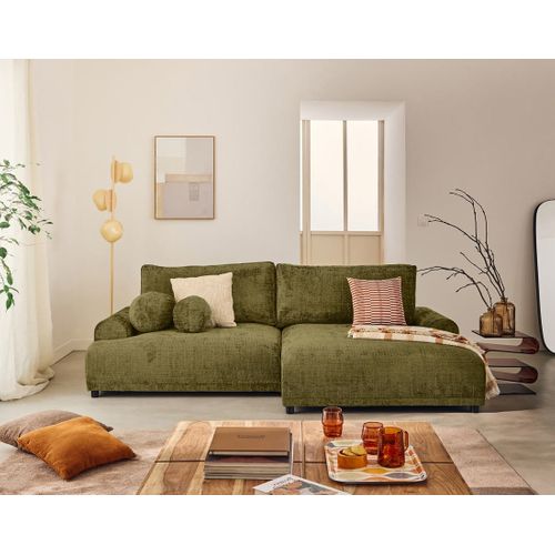 Canapé Angle Droit Convertible 4 Places Nelly En Velours Texturé Vert Olive