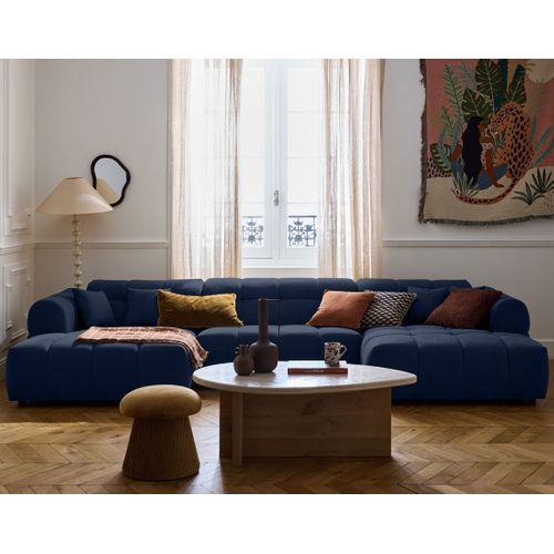 Canapé Panoramique 7 Places Ray En Tissu Texturé Bleu