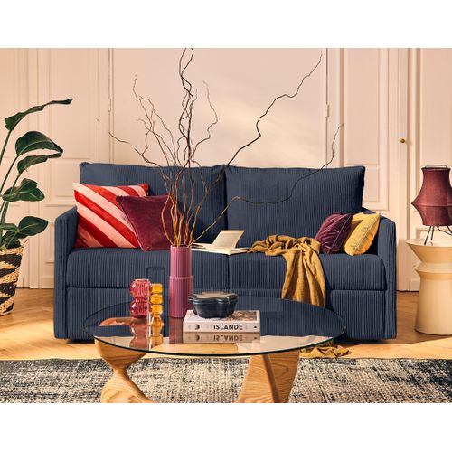 Canapé Droit Convertible 3 Places Ottawa En Velours Côtelé Bleu Nuit