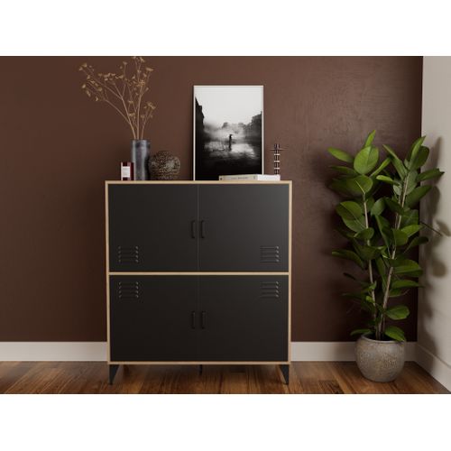 Tribeca - Buffet Haut - Effet Bois Et Métal Noir - 2 Portes - 100x112 Cm