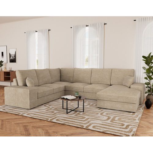 Canapé Panoramique 7 Places Lorie En Velours Côtelé Beige