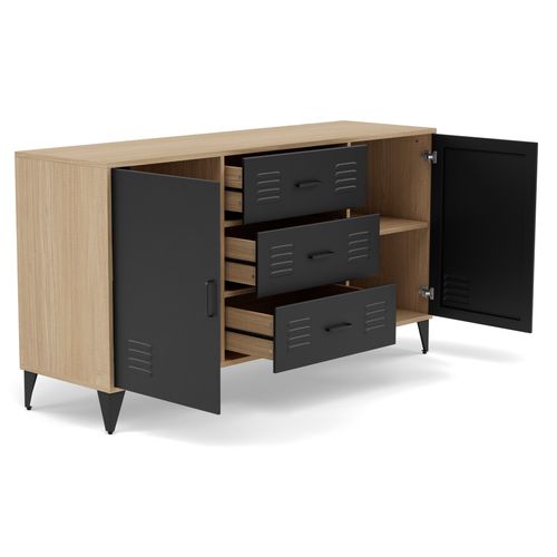 Tribeca - Buffet Bas - Effet Bois Et Métal Noir - 3 Tiroirs Et 2 Portes - 140 Cm