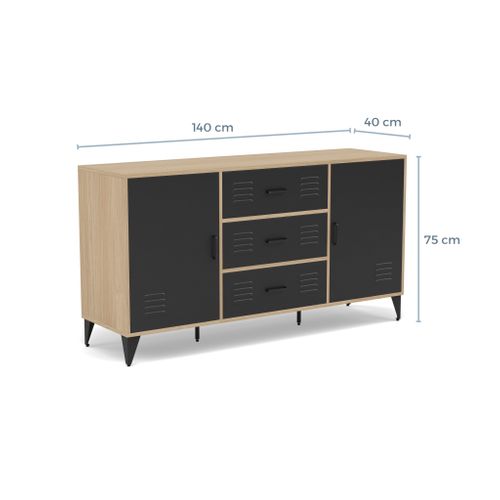 Tribeca - Buffet Bas - Effet Bois Et Métal Noir - 3 Tiroirs Et 2 Portes - 140 Cm