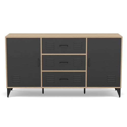 Tribeca - Buffet Bas - Effet Bois Et Métal Noir - 3 Tiroirs Et 2 Portes - 140 Cm