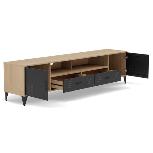 Tribeca - Meuble TV - Effet Bois Et Métal Noir - 2 Portes Et 2 Tiroirs - 200 Cm