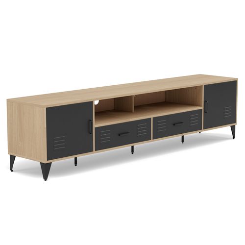 Tribeca - Meuble TV - Effet Bois Et Métal Noir - 2 Portes Et 2 Tiroirs - 200 Cm