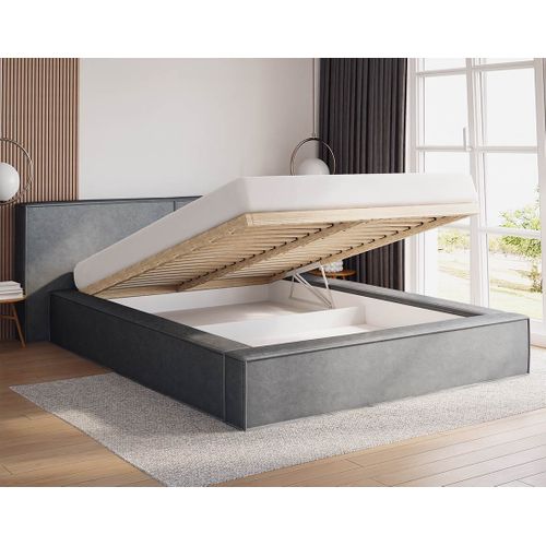 Eros - Lit Coffre - 140x200 Cm - Sommier Inclus - En Velours Gris