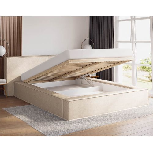 Eros - Lit Coffre - 140x200 Cm - Sommier Inclus - En Velours Beige