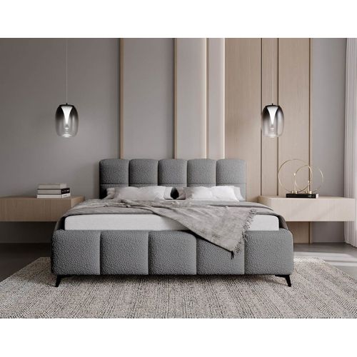 Paulito - Lit Coffre - 140x200 Cm - Sommier Inclus - En Tissu Bouclette Gris