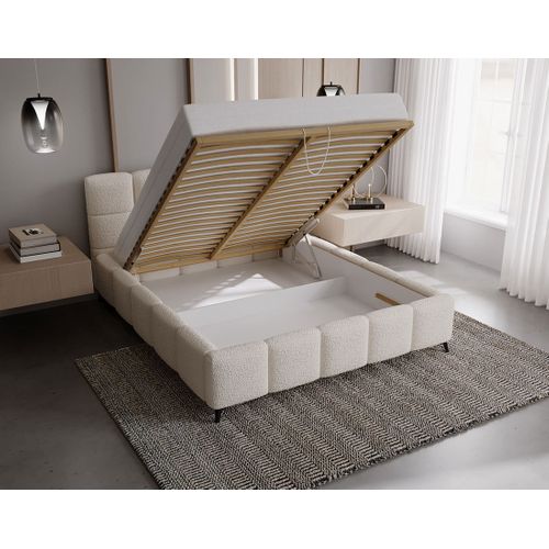 Paulito - Lit Coffre - 160x200 Cm - Sommier Inclus - En Tissu Bouclette Beige
