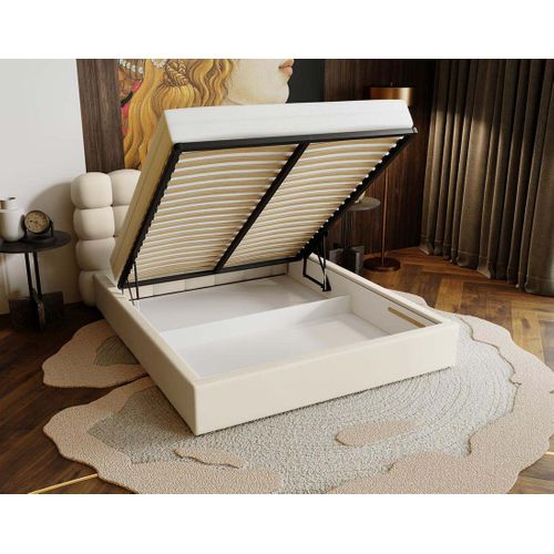 Lotus - Lit Coffre - 180x200 Cm - Sommier Inclus - En Velours Beige