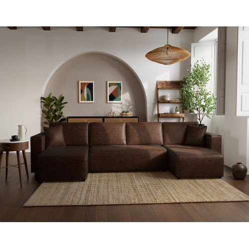 Canapé Panoramique Convertible 7 Places Topaze En Simili Marron