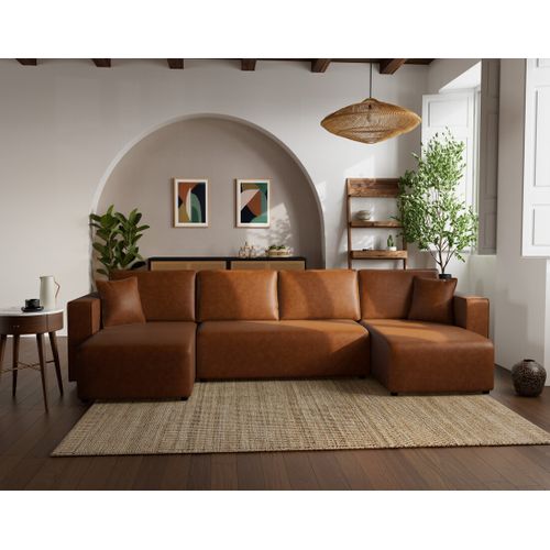 Canapé Panoramique Convertible 7 Places Topaze En Simili Cognac