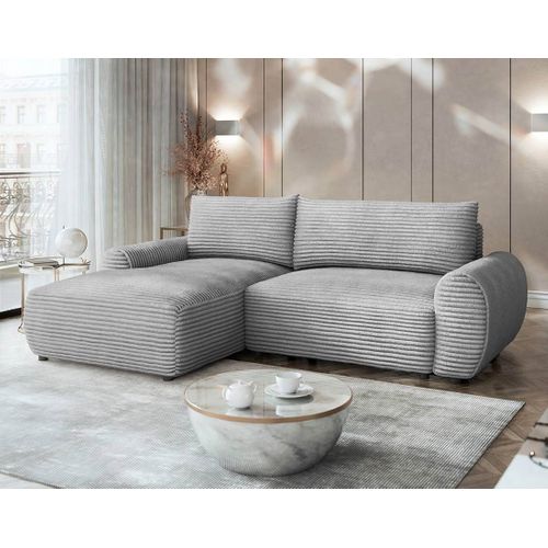 Canapé Angle Gauche Convertible 4 Places Silvano En Velours Côtelé Gris Clair