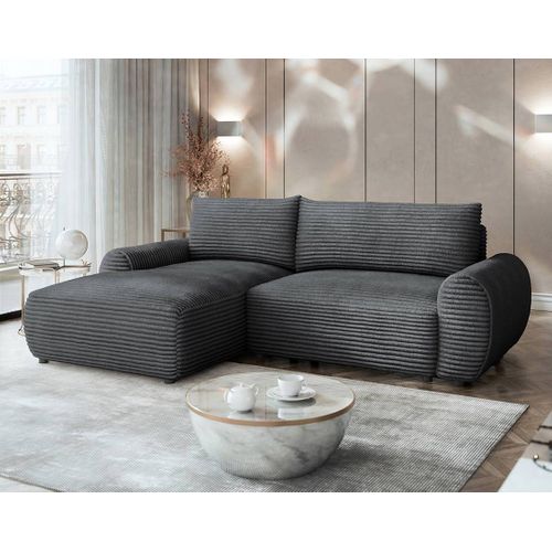 Canapé Angle Gauche Convertible 4 Places Silvano En Velours Côtelé Gris Foncé