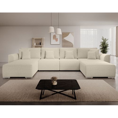 Canapé Panoramique Convertible 7 Places Gabriel En Tissu Texturé Beige