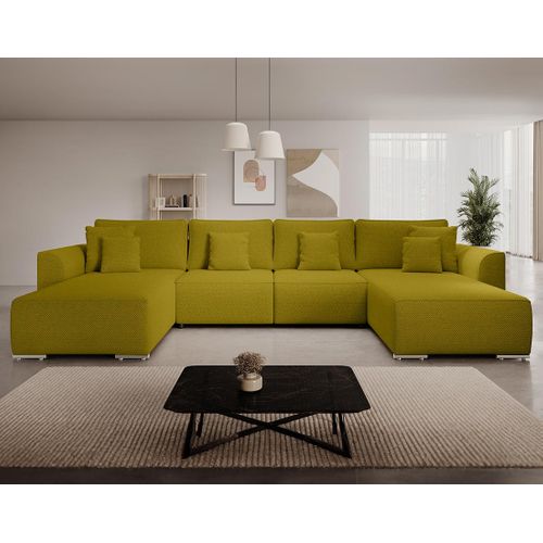 Canapé Panoramique Convertible 7 Places Gabriel En Tissu Texturé Vert