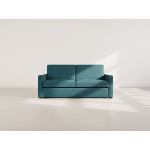 Julia - Canapé 3 Places Convertible Express Couchage Quotidien 140 Cm Matelas 14 Cm En Tissu Bleu