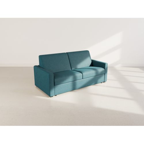 Julia - Canapé 3 Places Convertible Express Couchage Quotidien 140 Cm Matelas 18 Cm En Tissu Bleu