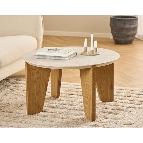 Noeva - Table Basse - Pieds En Chêne - Plateau Effet Travertin - 80 Cm