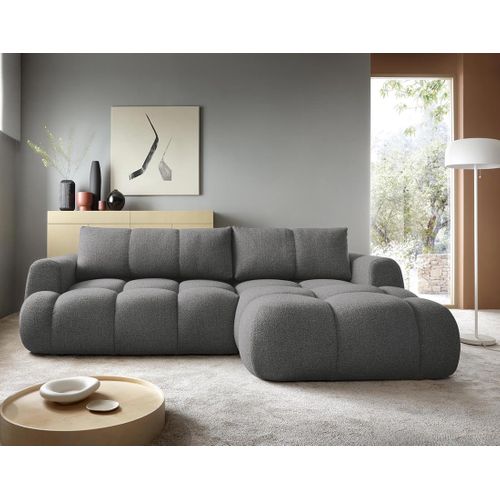 Canapé Angle Droit Convertible 4 Places Yulin En Tissu Bouclette Gris Foncé