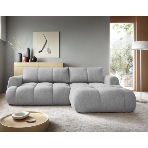 Canapé Angle Droit Convertible 4 Places Yulin En Tissu Bouclette Gris Clair