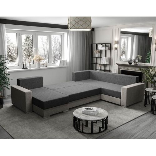 Leslie - Canapé Panoramique D'angle Réversible 7 Places Convertible Avec Coffre En Tissu