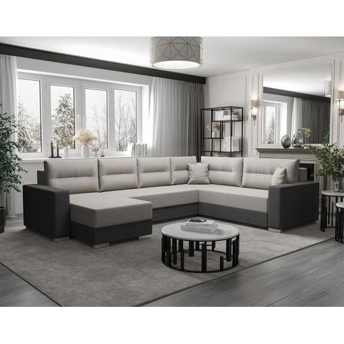 Leslie - Canapé Panoramique D'angle Réversible 7 Places Convertible Avec Coffre En Tissu