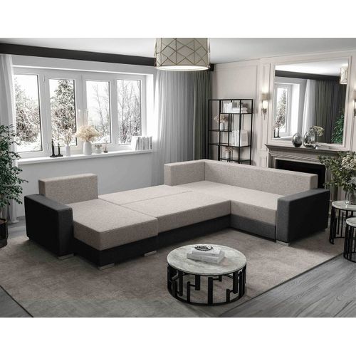 Leslie - Canapé Panoramique D'angle Réversible 7 Places Convertible Avec Coffre En Tissu