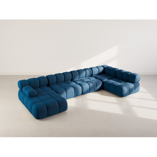 Ruby - Canapé Panoramique Modulable D'angle Droit 7 Places En Velours Texturé Bleu
