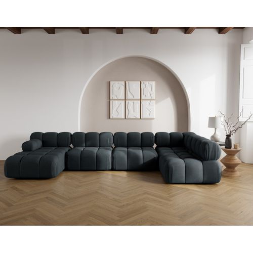 Ruby - Canapé Panoramique Modulable D'angle Droit 7 Places En Velours Texturé Noir