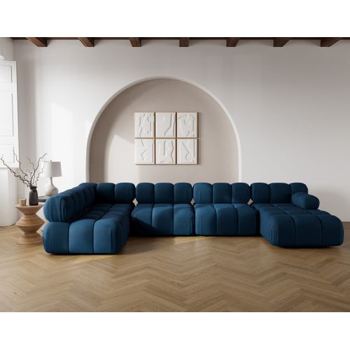 Ruby - Canapé Panoramique Modulable D'angle Gauche 7 Places En Velours Texturé Bleu
