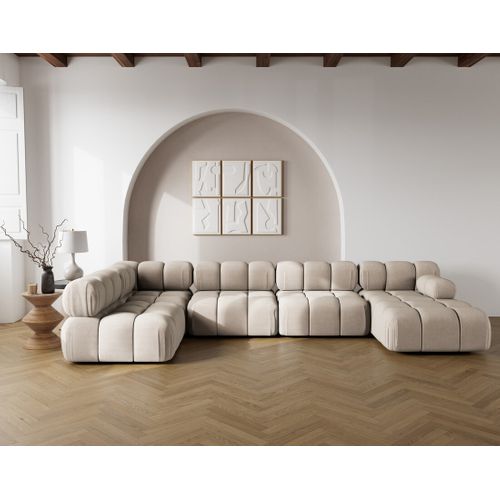 Ruby - Canapé Panoramique Modulable D'angle Gauche 7 Places En Velours Texturé Beige