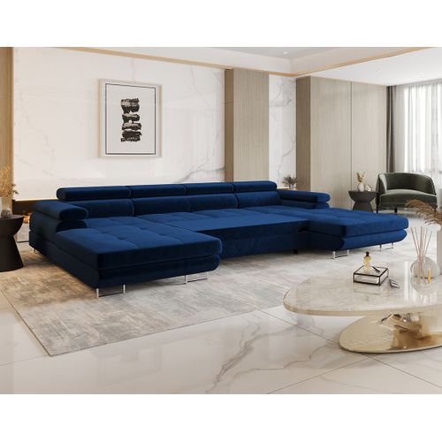 Canapé Panoramique Convertible 7 Places Ayden En Tissu Bleu