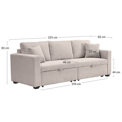 Cyrus - Canapé Droit 3 Places Convertible En Velours Côtelé