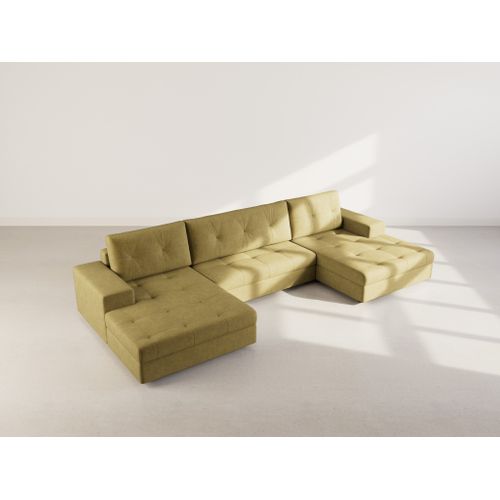 Canapé Panoramique Convertible 7 Places Bastian En Velours Texturé Vert Olive