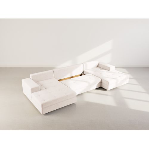 Canapé Panoramique Convertible 7 Places Bastian En Velours Texturé Beige