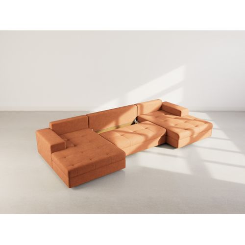 Canapé Panoramique Convertible 7 Places Bastian En Velours Texturé Terracotta