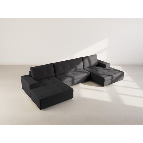 Canapé Panoramique Convertible 7 Places Bastian En Velours Texturé Noir