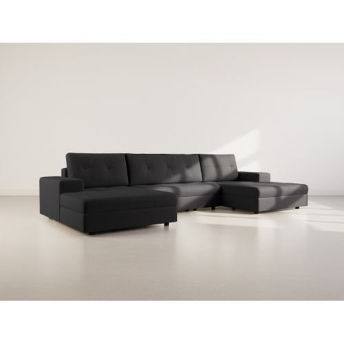 Canapé Panoramique Convertible 7 Places Bastian En Velours Texturé Noir