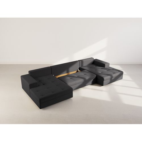 Canapé Panoramique Convertible 7 Places Bastian En Velours Texturé Noir