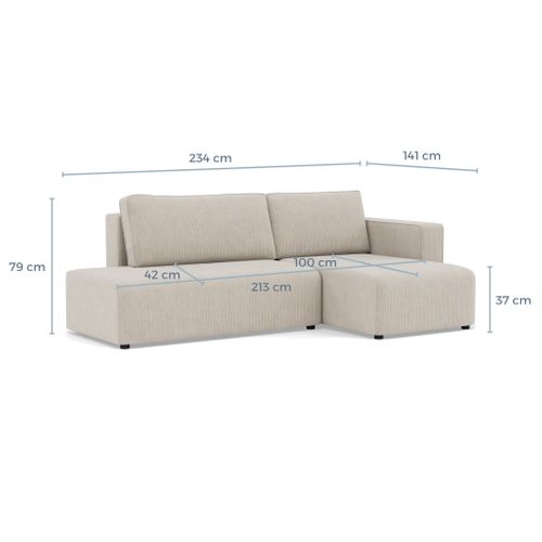 Canapé Angle Droit Convertible 4 Places Topaze En Velours Côtelé Gris Clair