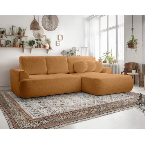 Canapé Angle Droit Convertible 4 Places Candela En Tissu Bouclette Terracotta
