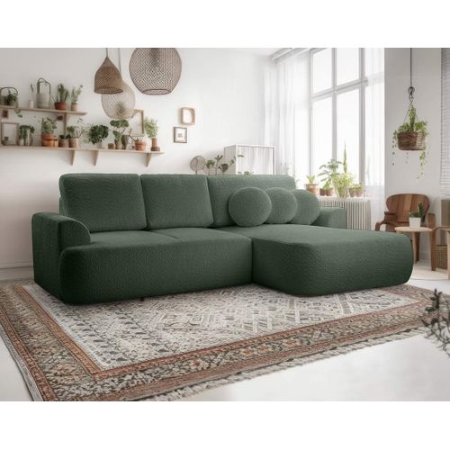 Canapé Angle Droit Convertible 4 Places Candela En Tissu Bouclette Vert